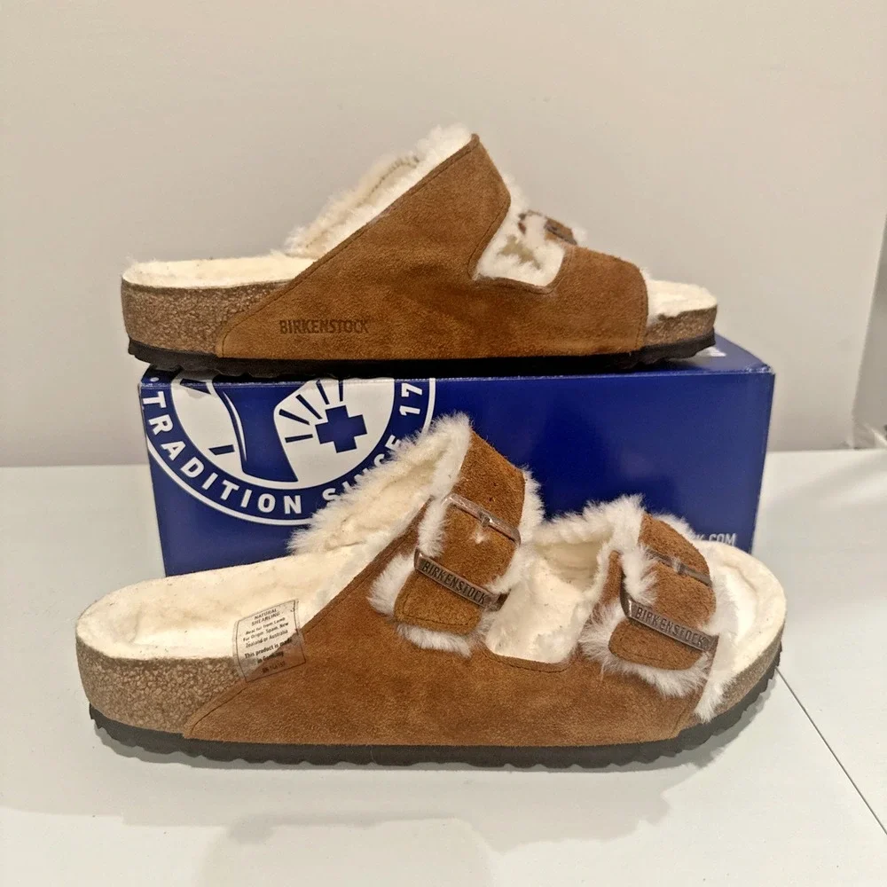 Birkenstock Unisex EU 43 M10W12 Reg Arizona Shearling Suede Leather Sandal Mink